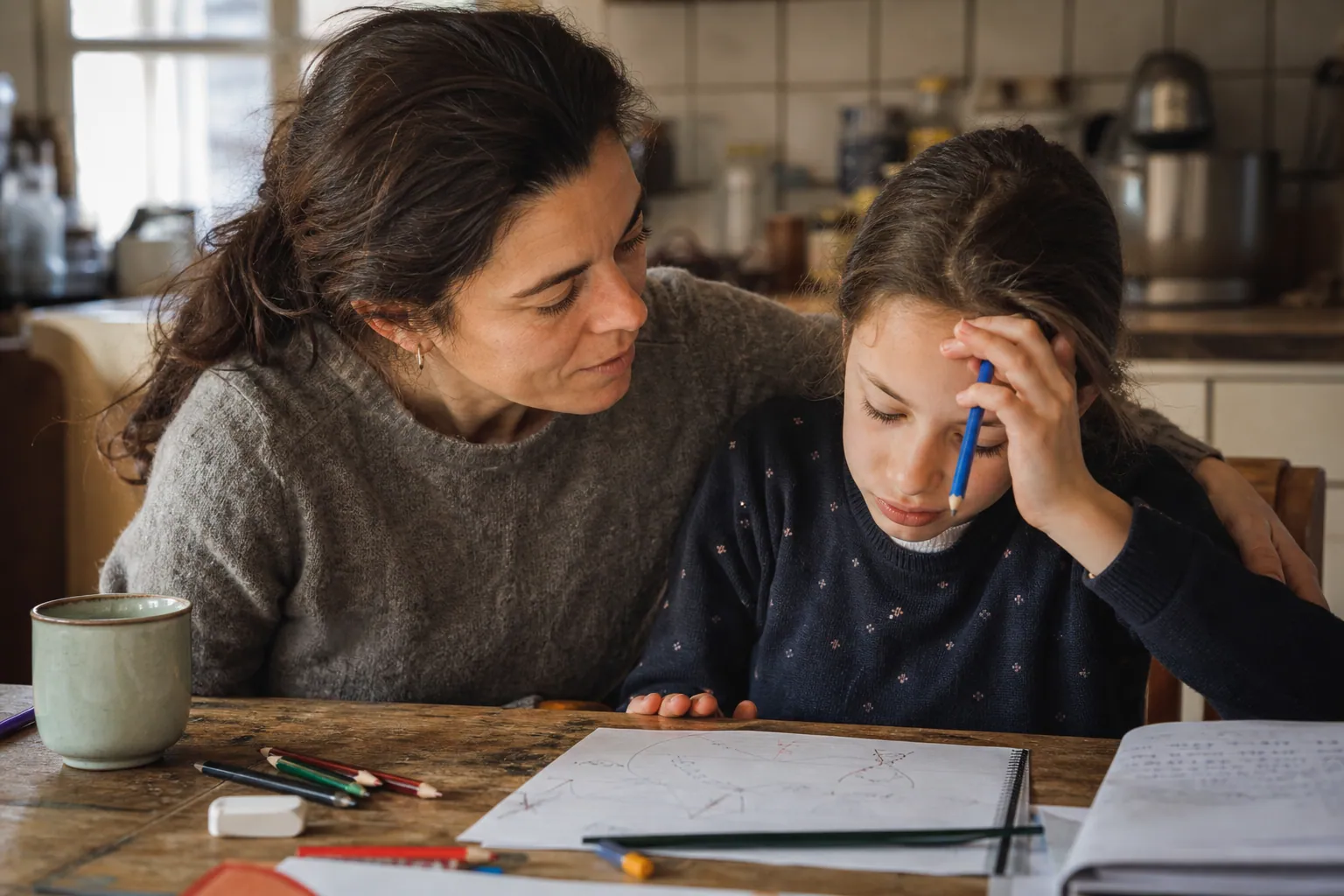 Parent rassurant un enfant stressé devant ses devoirs à la maison