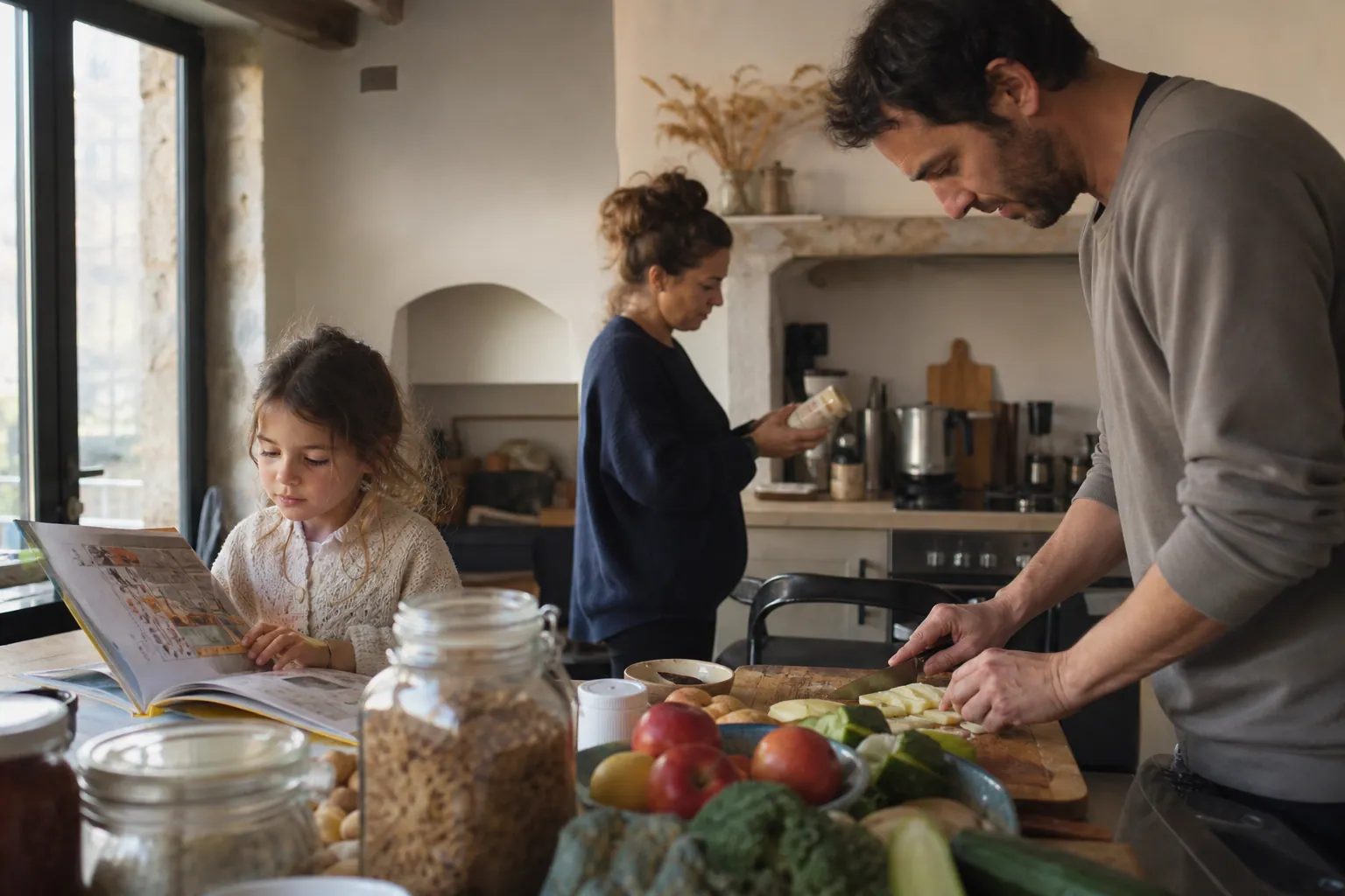 Parent préparant un repas sûr pour un enfant allergique dans une cuisine familiale