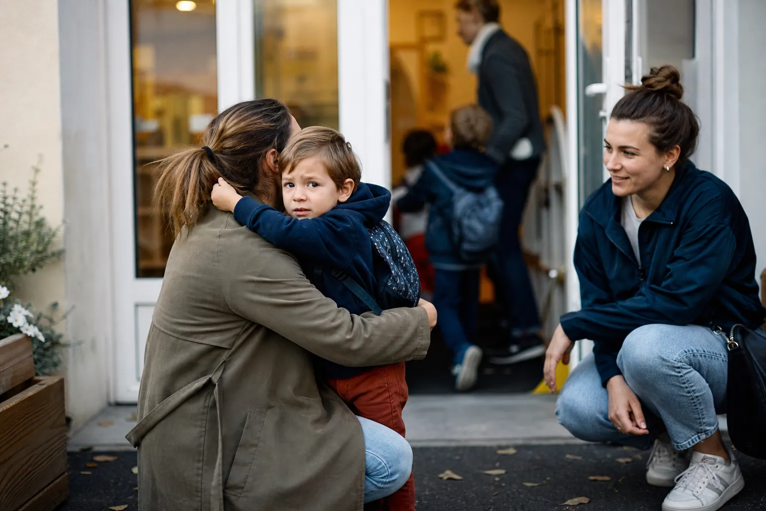 Parent rassurant un enfant au moment d’une séparation à l’école