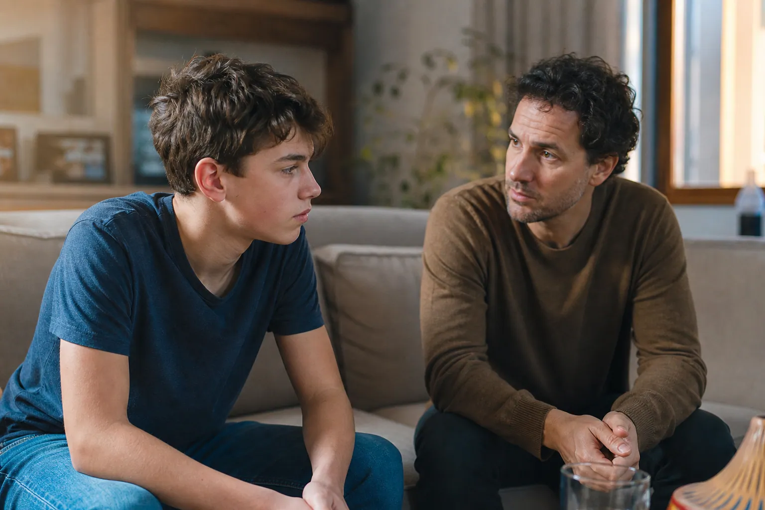 Parent écoutant un adolescent assis sur un canapé, dans un salon chaleureux.