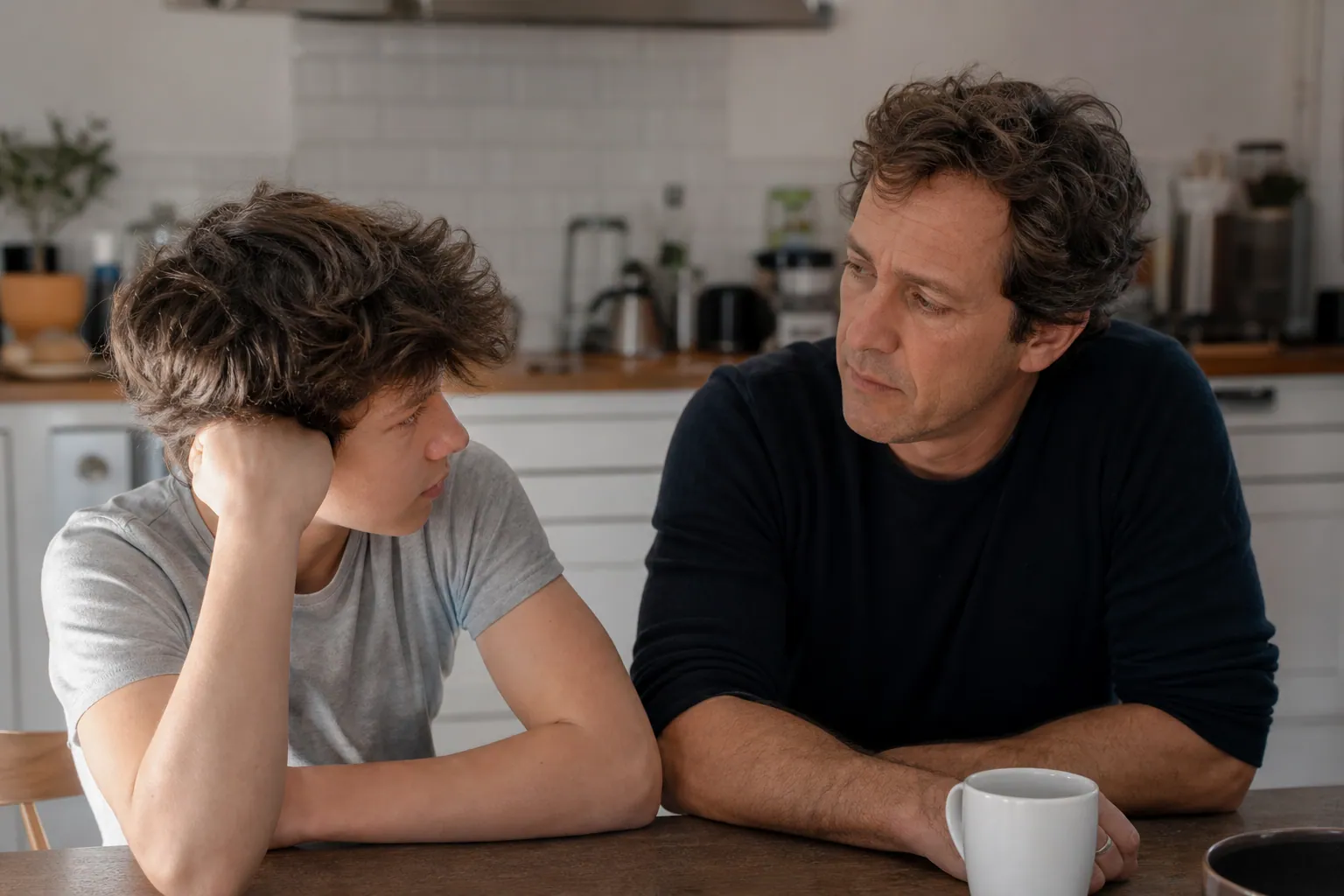 Un parent français parle calmement avec son adolescent assis à la table de la cuisine.