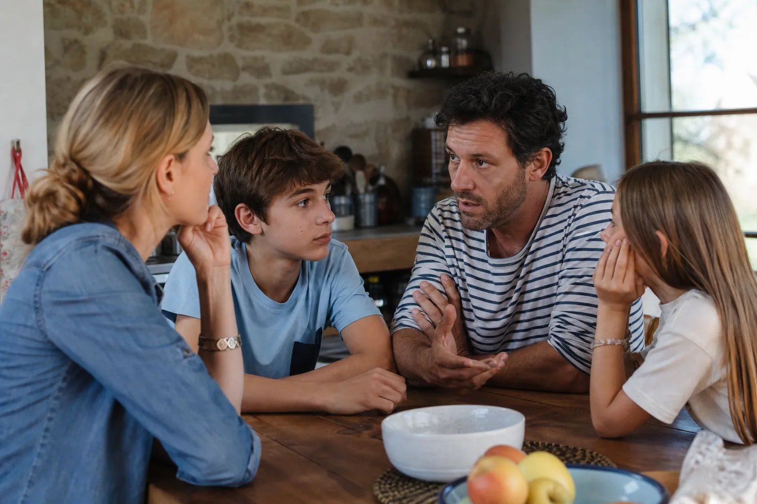 Famille française discutant calmement autour de la table de cuisine