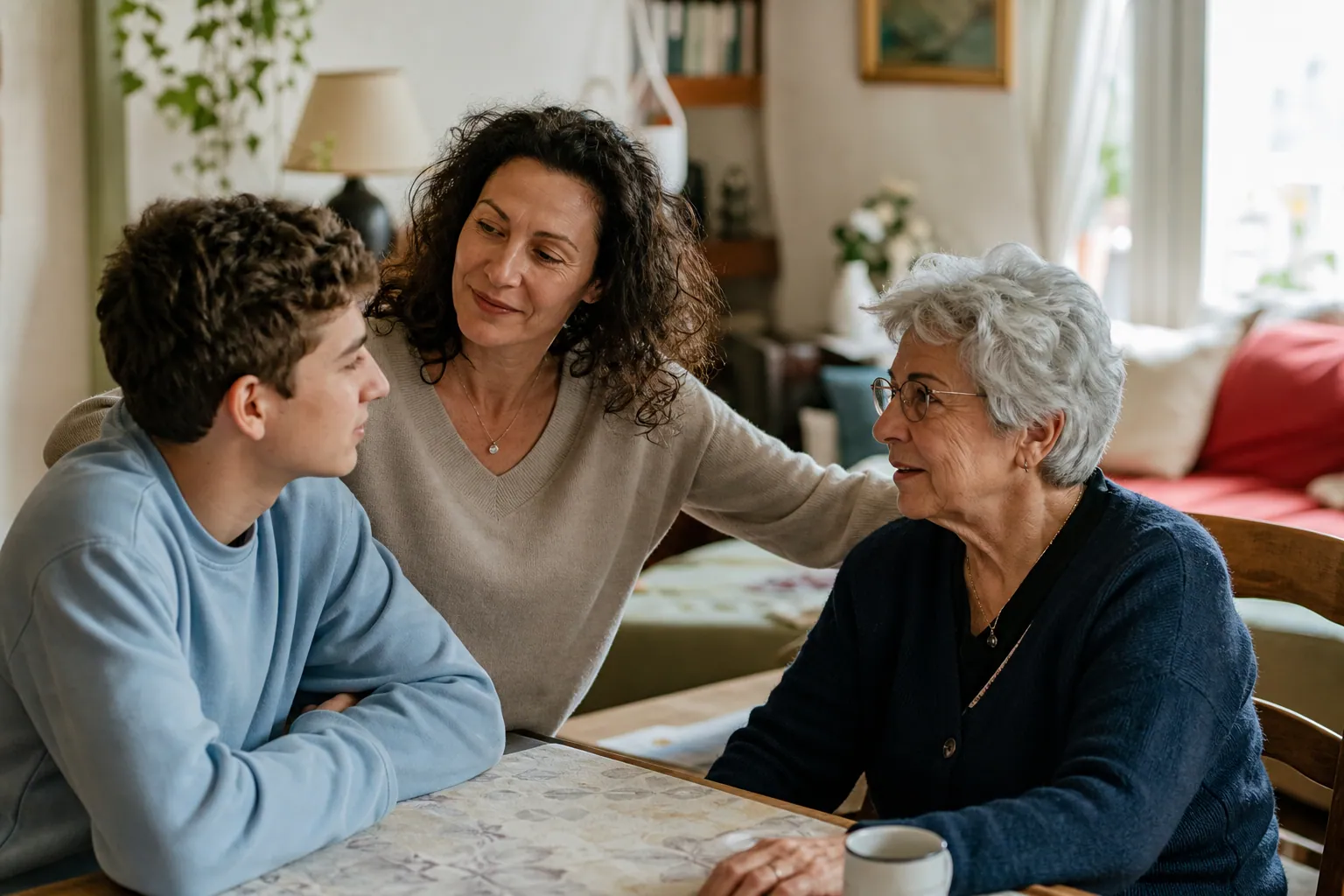 Trois générations d’une famille française discutent calmement autour d’une table.
