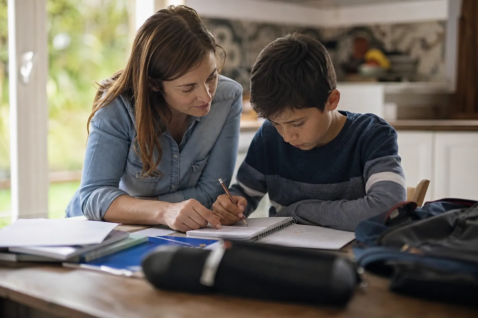 Parent aidant son enfant à faire ses devoirs à la table de la cuisine, ambiance chaleureuse.