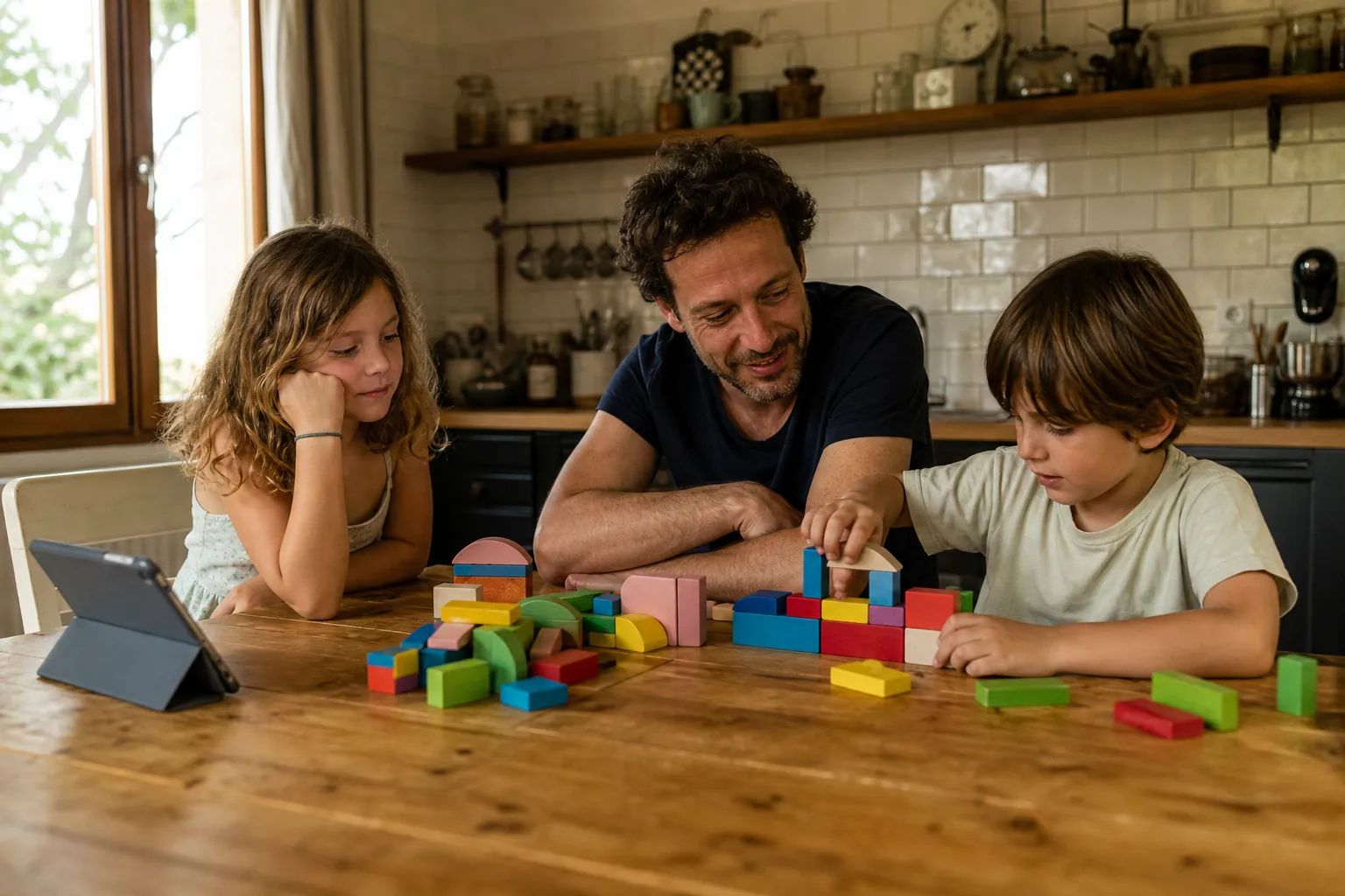 Une famille française pose un cadre aux écrans pendant les vacances, à table dans une ambiance chaleureuse.