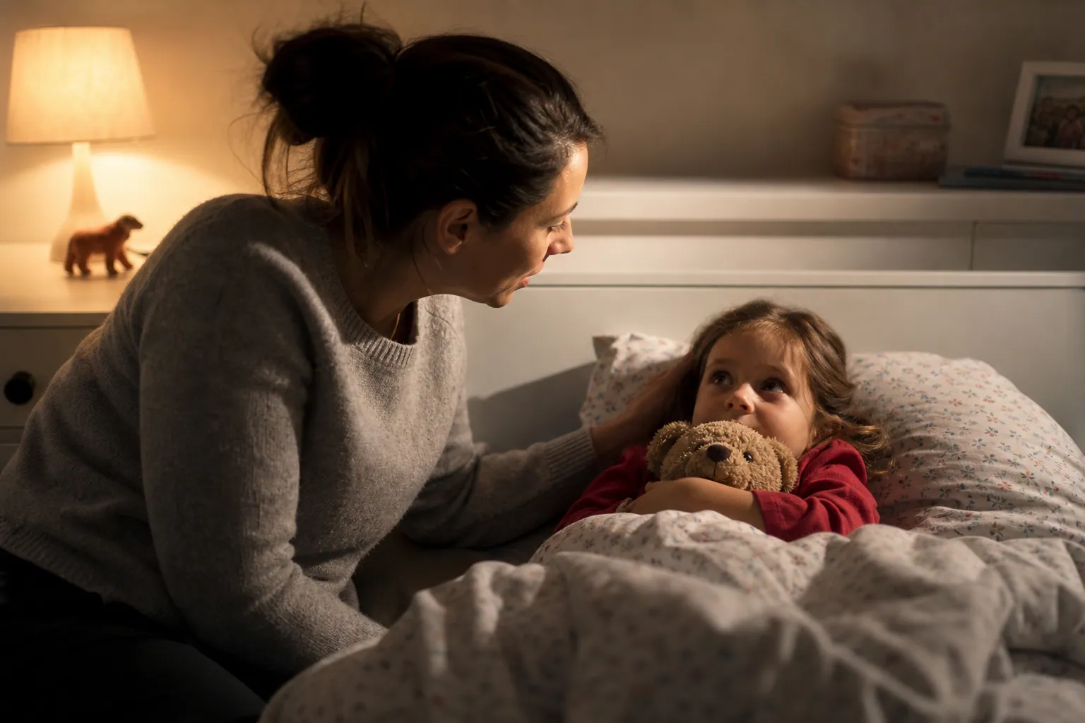 Parent rassurant un enfant au lit dans une chambre apaisante, en pleine nuit.