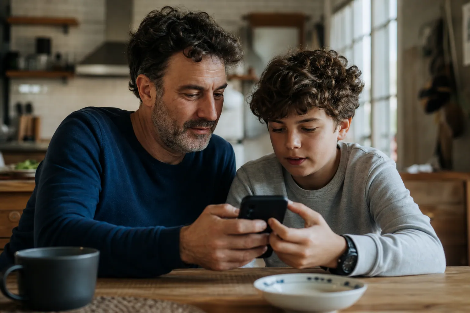 Parent et préadolescent discutant d’un smartphone à la maison, ambiance calme et rassurante.
