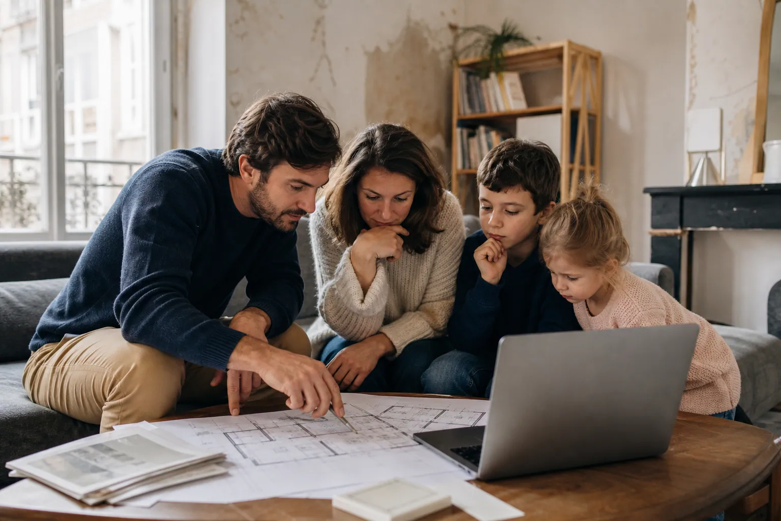 Famille française consultant des documents de travaux dans un salon lumineux