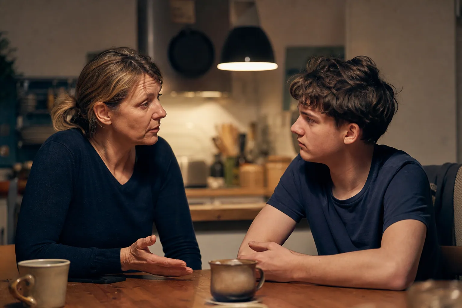 Une mère échange calmement avec son adolescent dans une cuisine, le soir, à la maison.