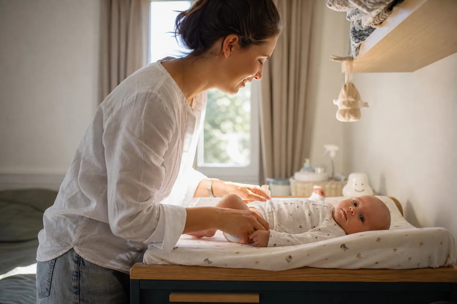 Parent habillant un bébé de 3 mois avec des vêtements doux dans une chambre lumineuse