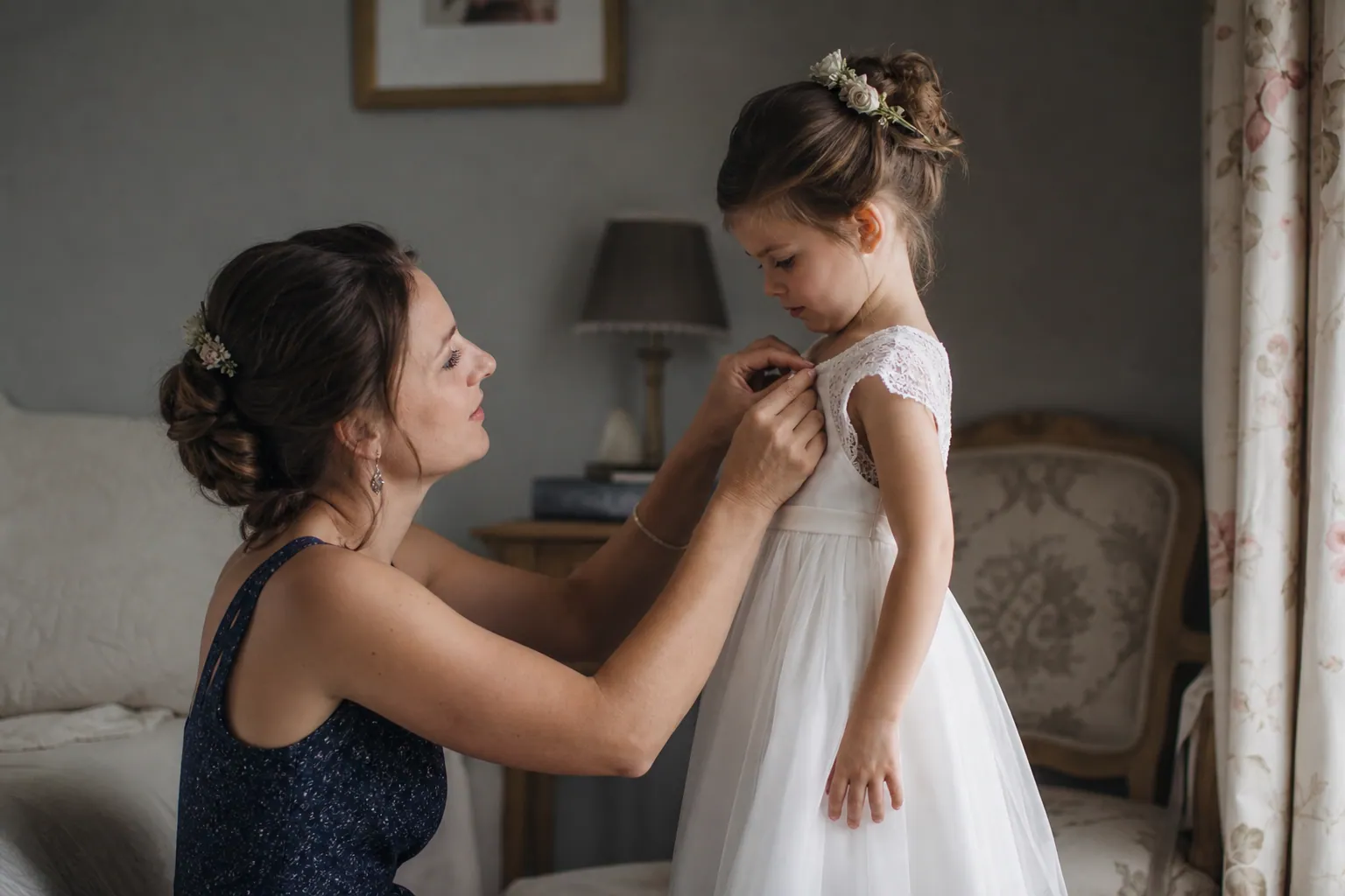 Une mère aide sa fille à essayer une tenue élégante pour un mariage, dans une lumière douce.