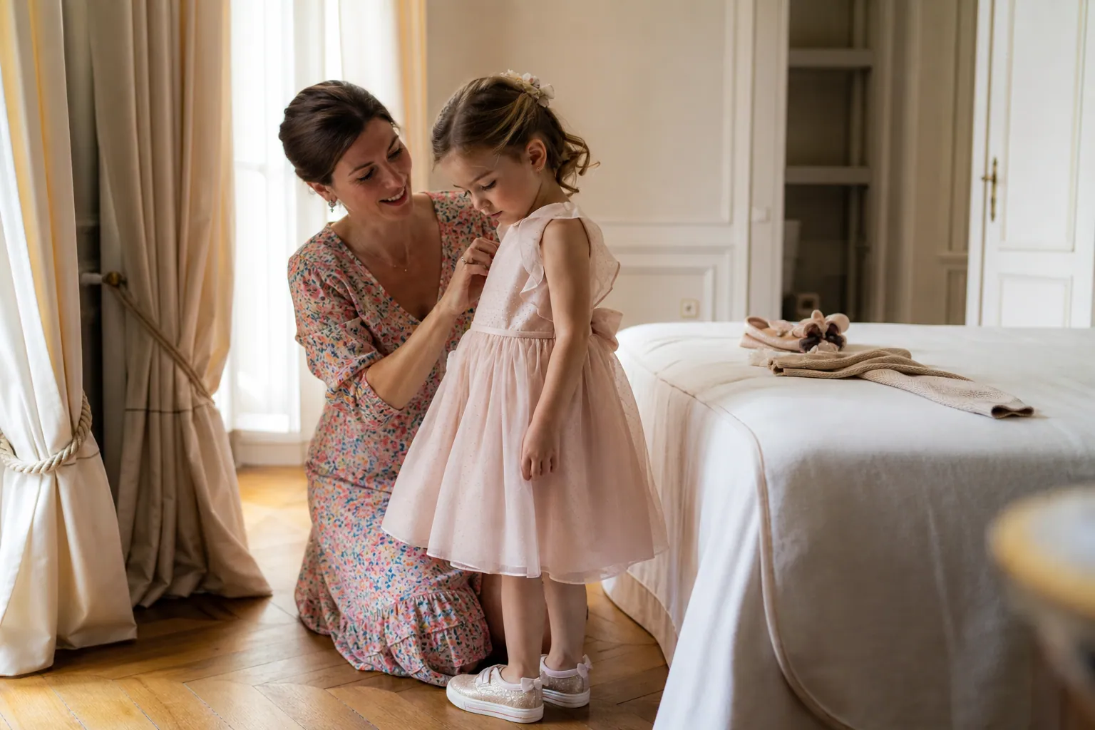 Mère aidant sa fille à choisir une tenue élégante et confortable pour un mariage.
