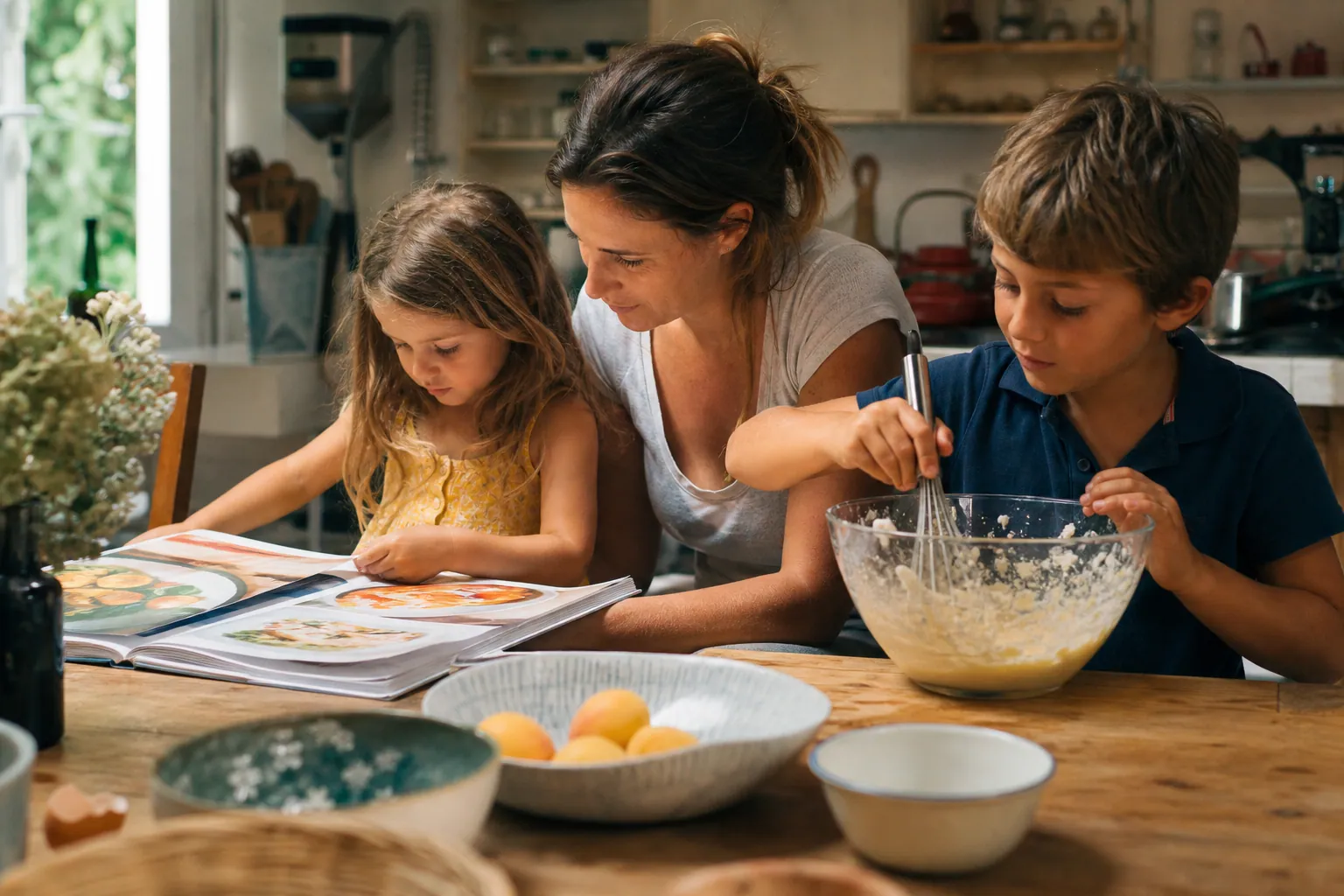 Parent et enfants préparant une recette à partir d’un magazine de cuisine