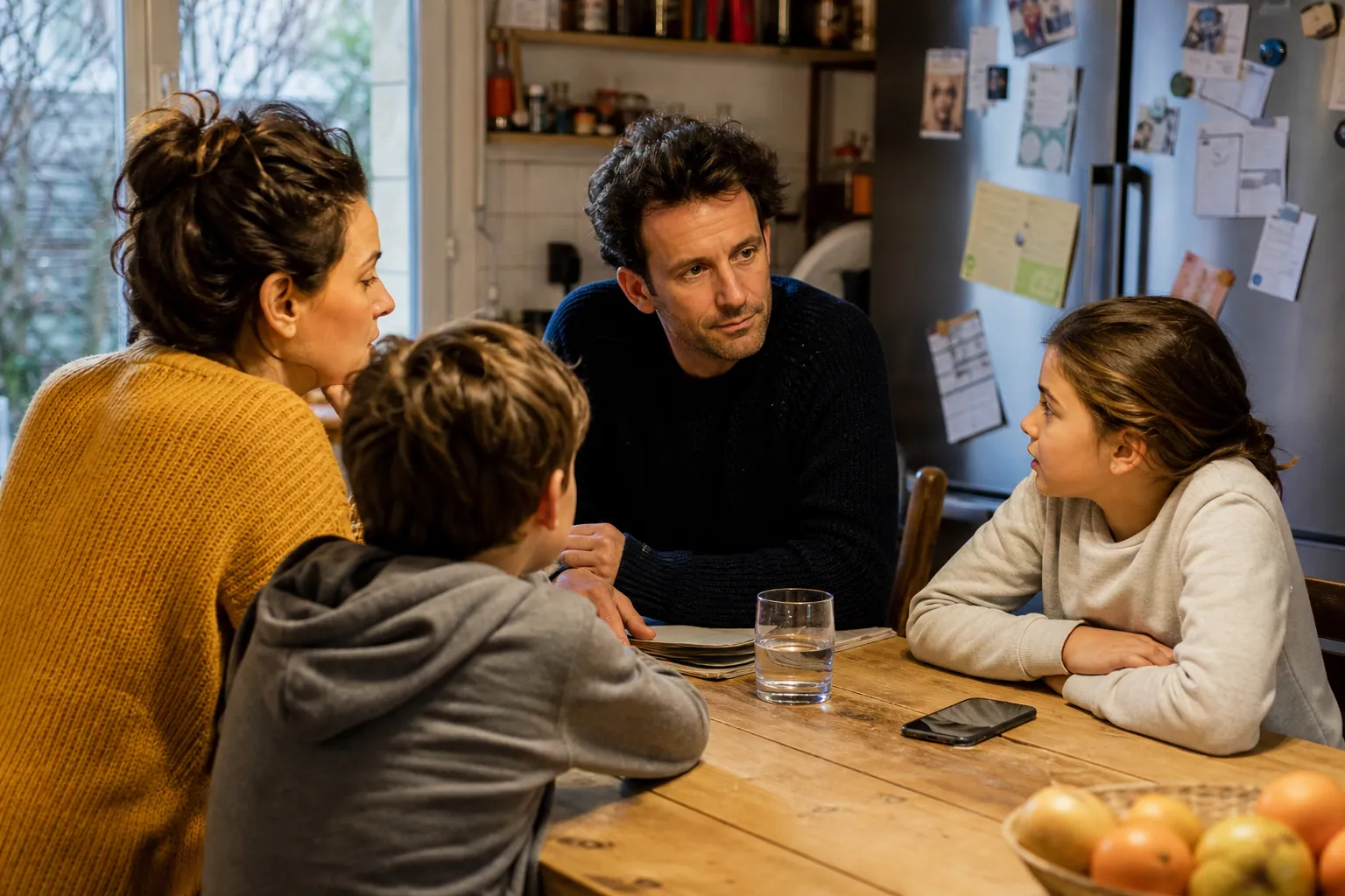 Parents et enfants discutant de règles de vie autour de la table de la cuisine