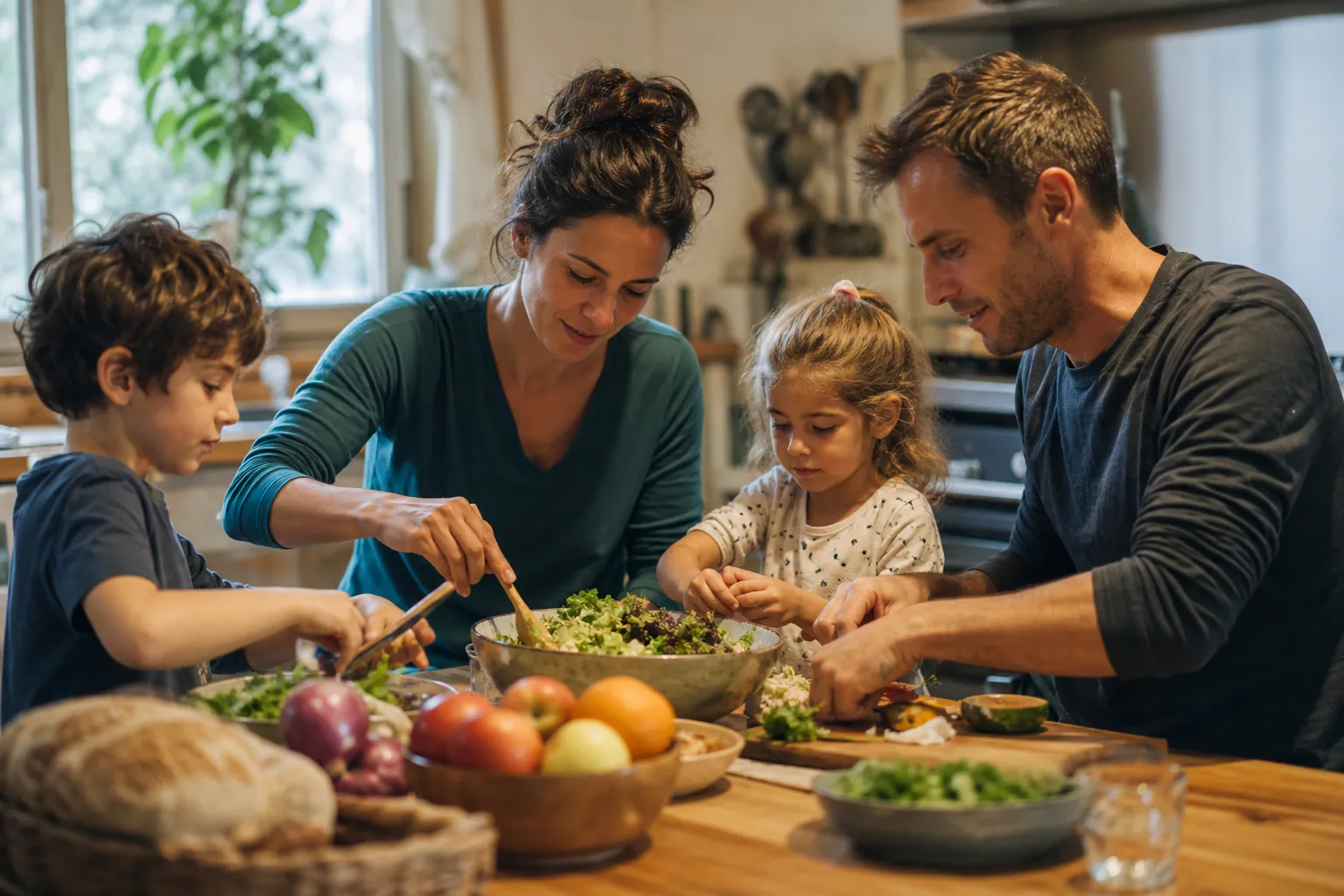 Une famille française prépare un dîner sain ensemble dans une cuisine lumineuse.