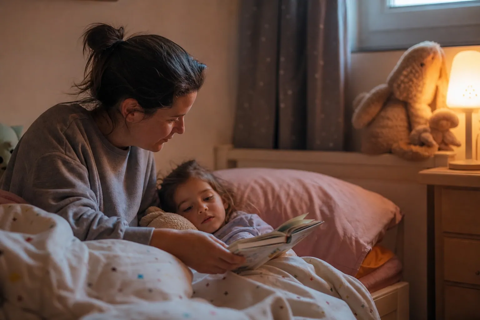 Parent lisant une histoire à un enfant au coucher, dans une chambre chaleureuse et apaisante.
