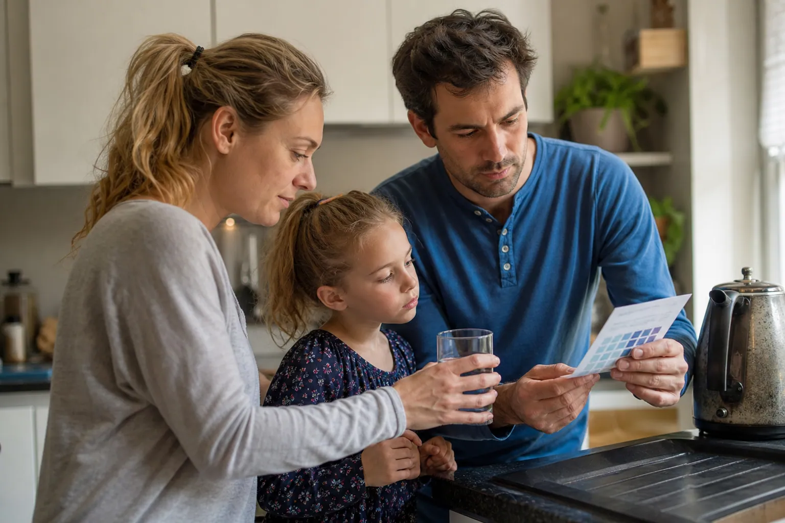 Une famille française examine l’eau du robinet dans une cuisine lumineuse.
