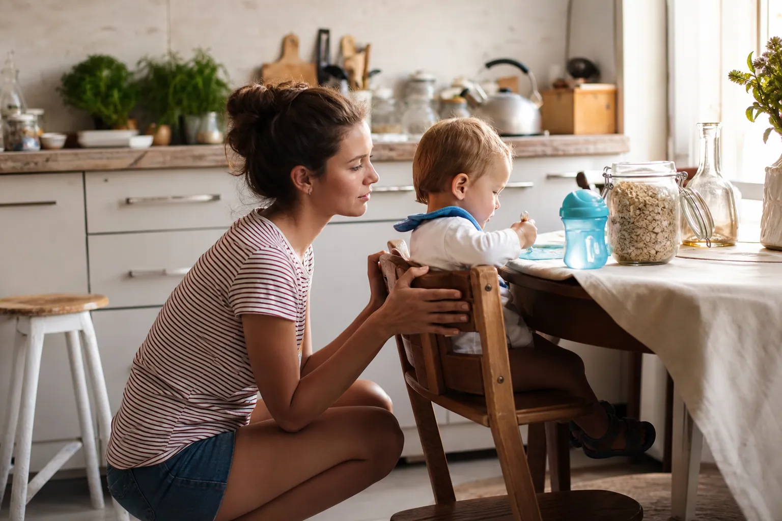 Parent surveillant un jeune enfant dans une cuisine familiale sécurisée