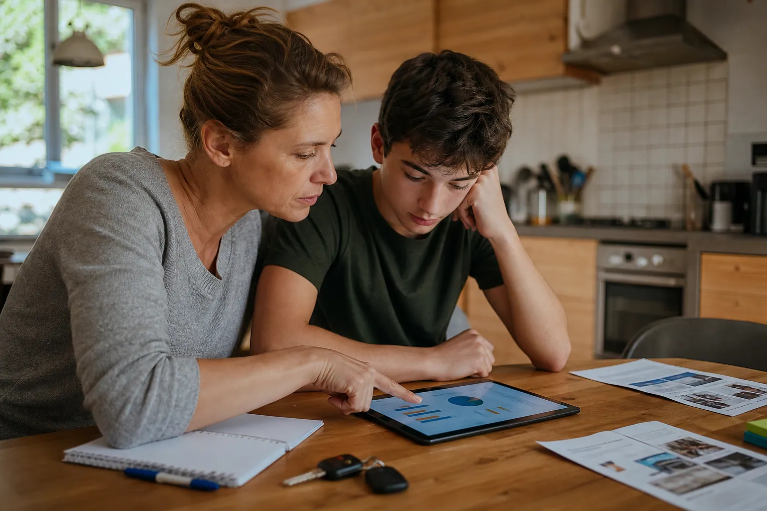 Parent et adolescent discutant du permis de conduire autour d’une table, dans une ambiance chaleureuse.