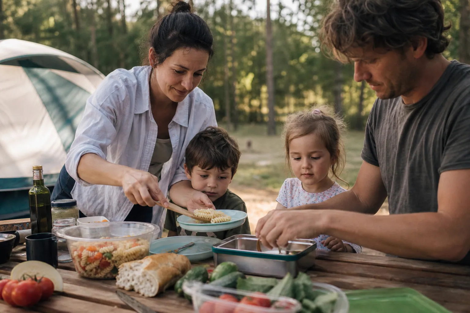 Une famille prépare un repas simple devant une tente au camping.