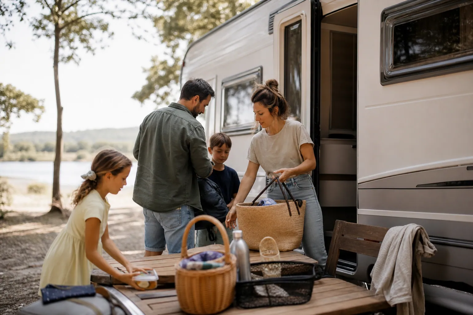 Famille française préparant ses bagages devant un camping-car avant le départ