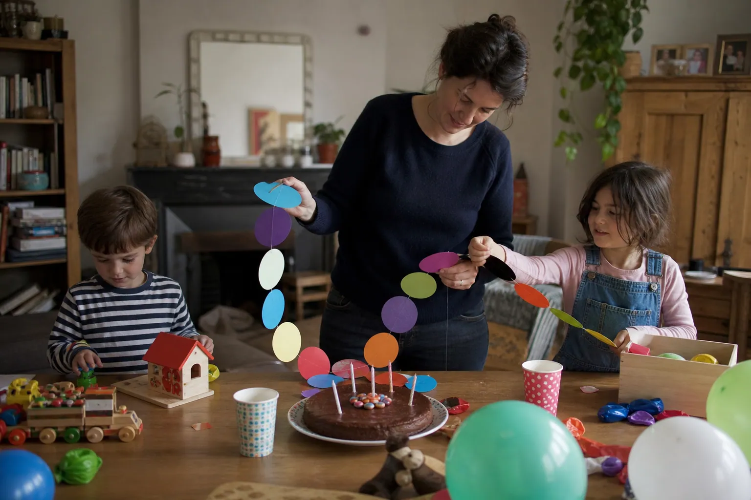 Parent et enfants préparant un anniversaire simple à la maison, avec déco DIY et gâteau.