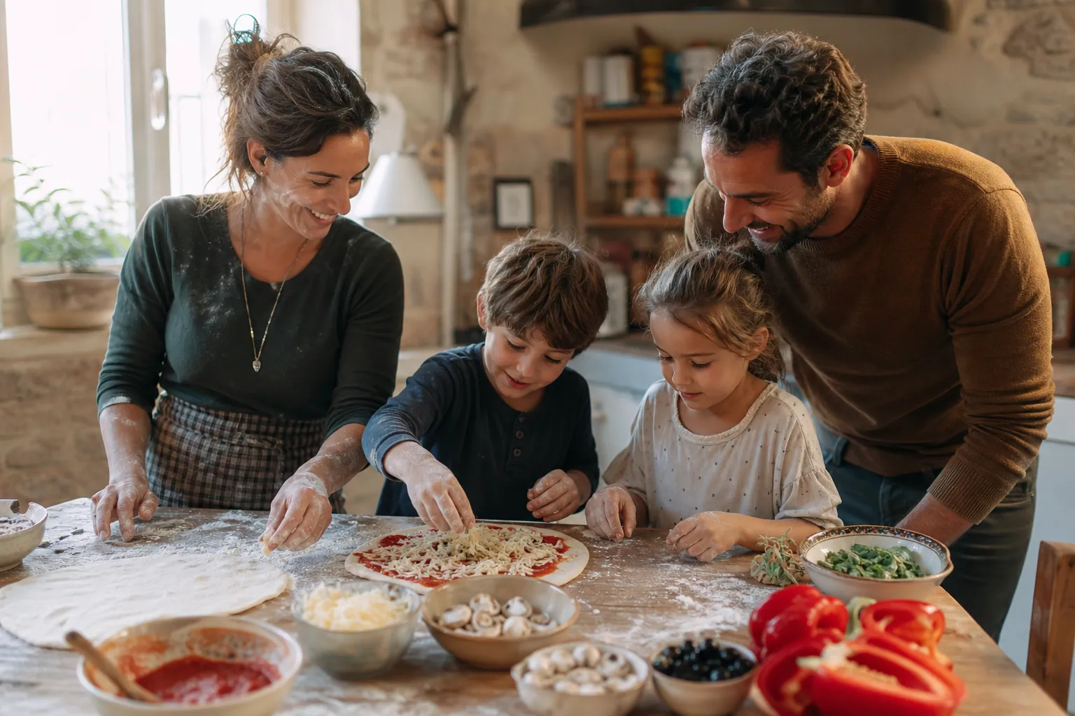 Famille française préparant une recette simple ensemble dans une cuisine chaleureuse.