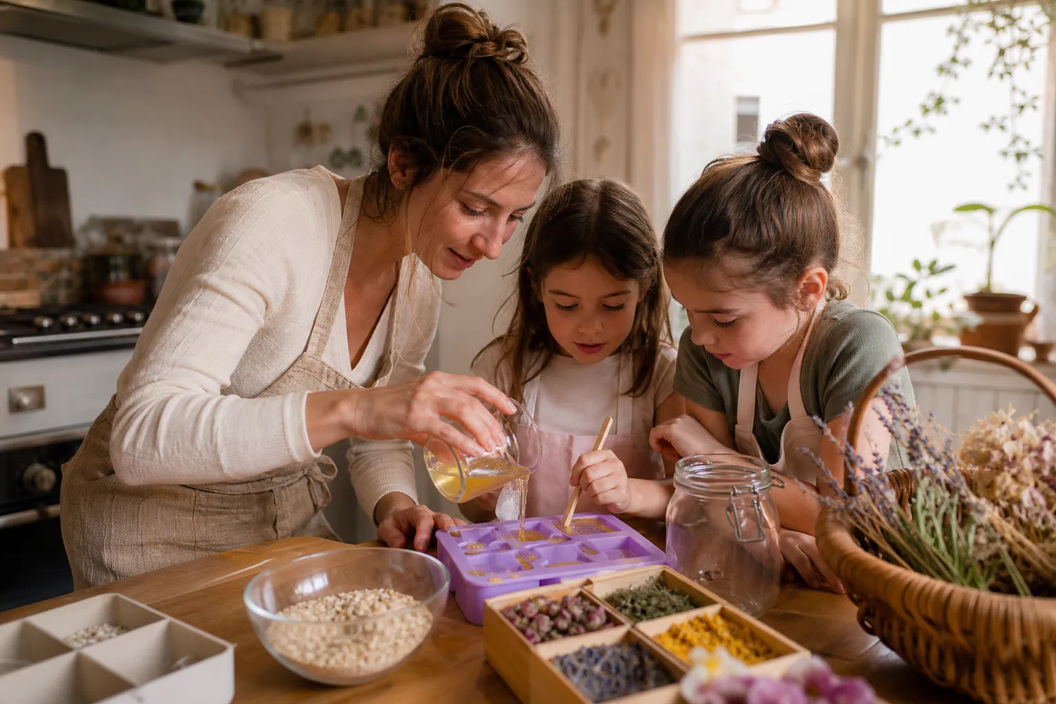 Parent et enfants fabriquant des savons naturels à la maison autour d’une table