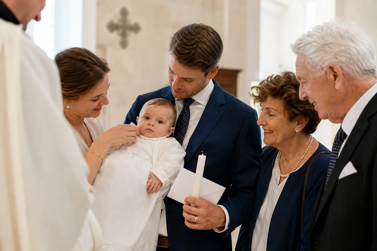 Parents et bébé en tenue blanche, prêts pour un baptême religieux dans une église lumineuse.