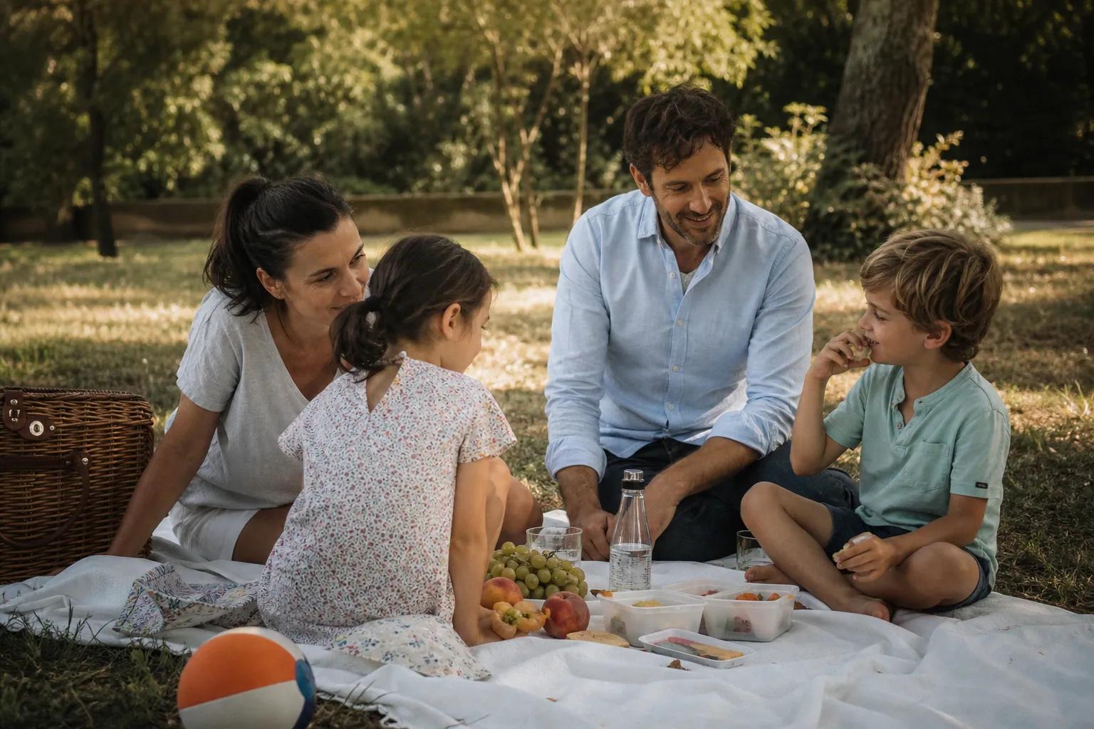 Famille française partageant un pique-nique sur une couverture dans un parc ensoleillé.