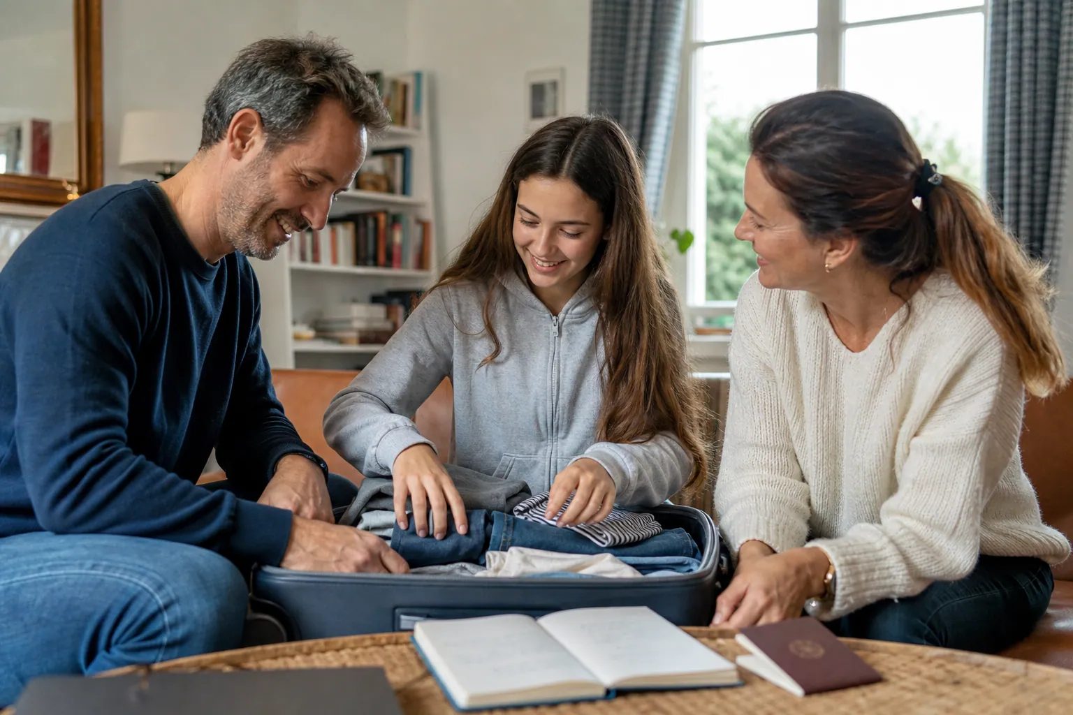 Parents aidant leur enfant à préparer sa valise pour un séjour linguistique