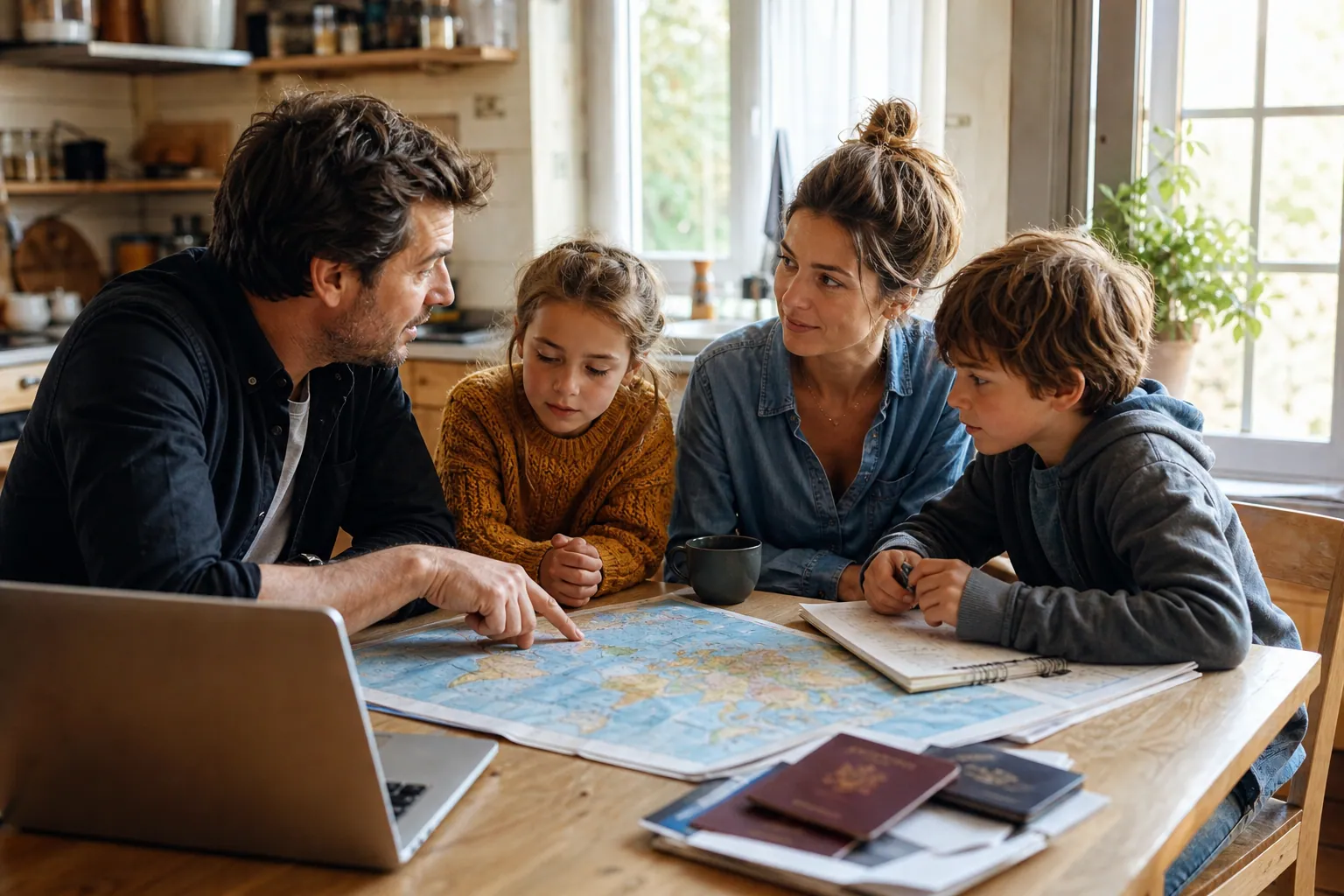 Famille française planifiant un tour du monde autour d'une carte et de passeports.