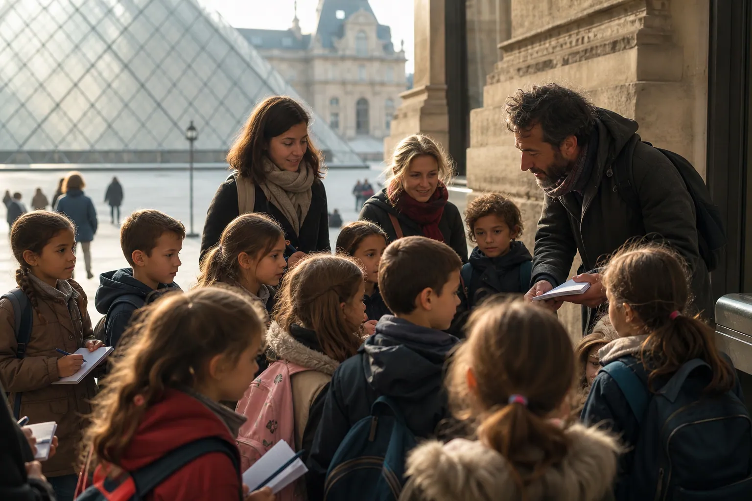 Élèves et accompagnateurs en sortie scolaire dans Paris, devant un musée