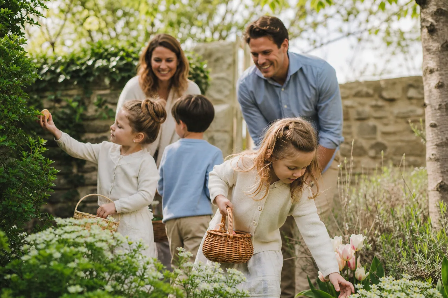 Enfants et parents lors d’une chasse aux œufs de Pâques dans un jardin