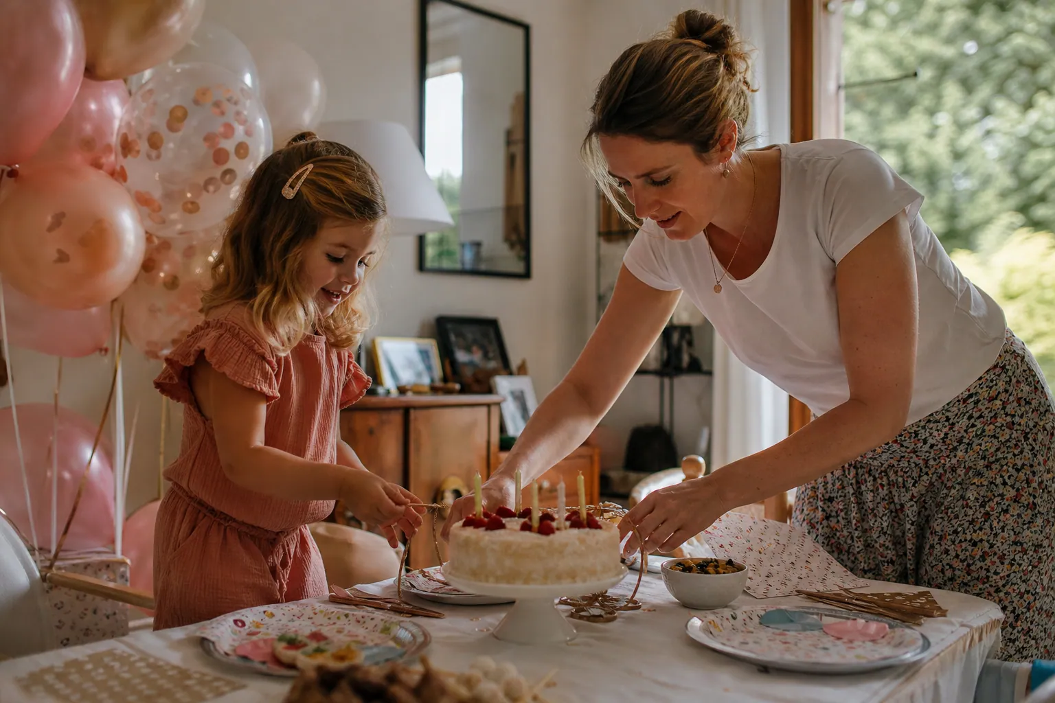 Parent et enfant décorent une table d’anniversaire à thème dans un salon lumineux.