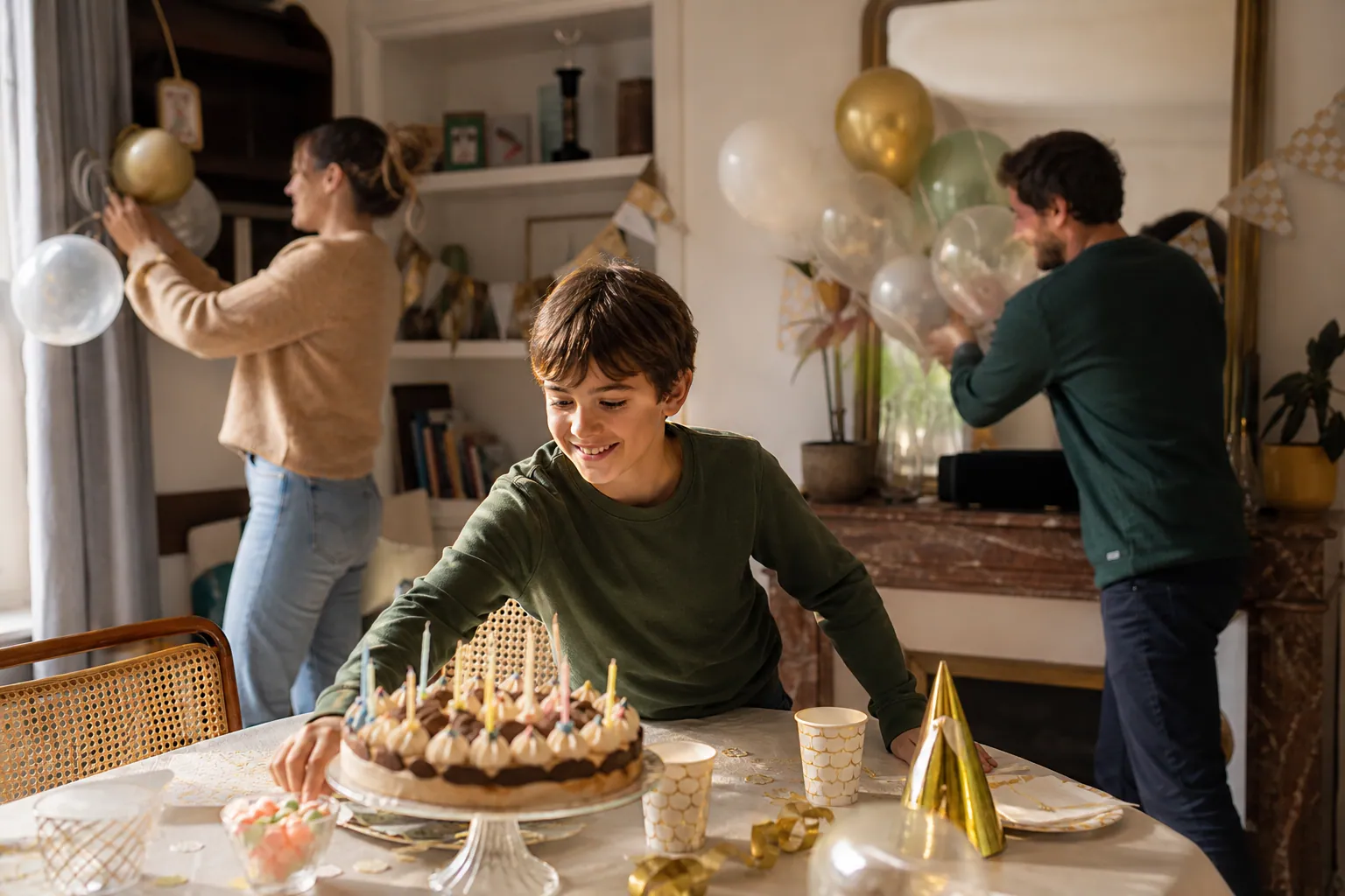 Des parents décorent un anniversaire de 10 ans avec ballons et gâteau, dans une ambiance chaleureuse.
