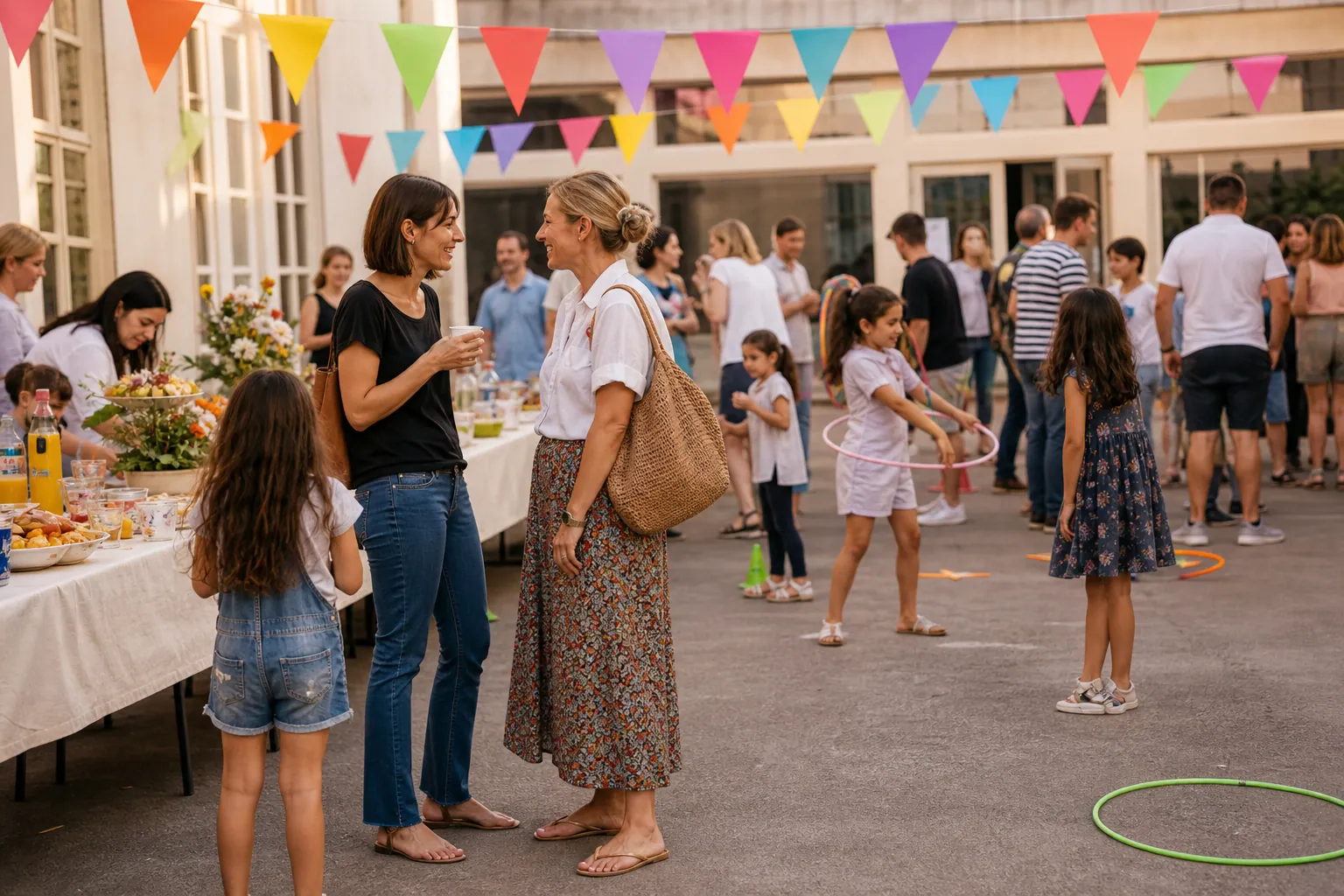 Parents, enfants et enseignants lors d’une fête de fin d’année scolaire conviviale dans une cour d’école.