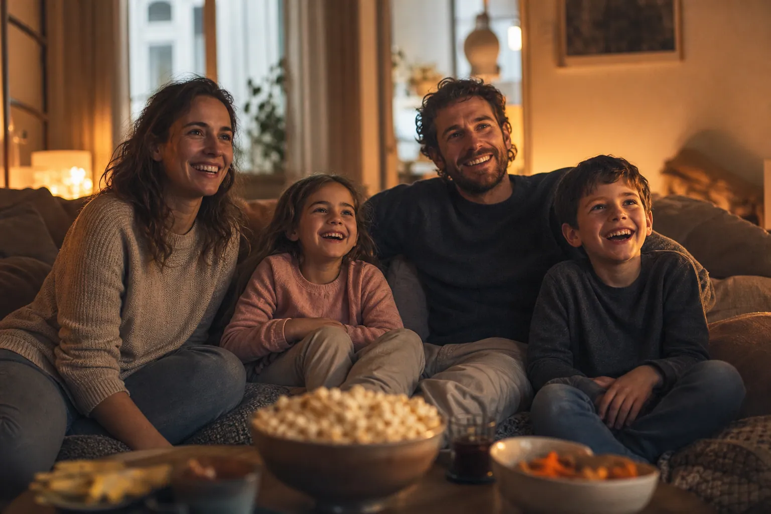 Famille installée dans le salon pour une soirée cinéma chaleureuse à la maison.