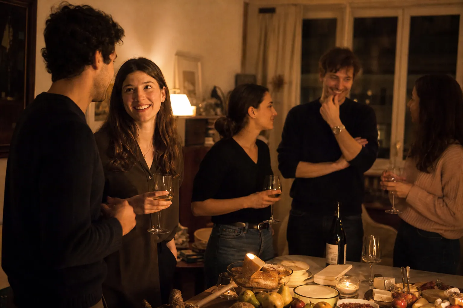 Famille française préparant un buffet simple pour une soirée improvisée, ambiance chaleureuse