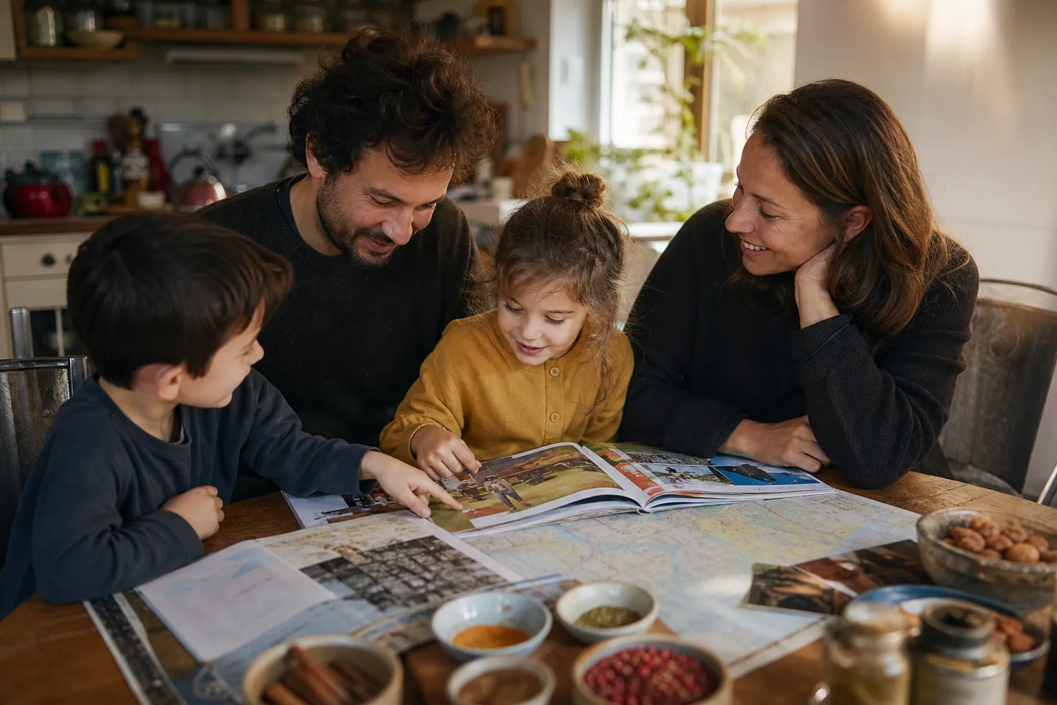 Une famille française consulte des livres et une carte du monde à la maison.