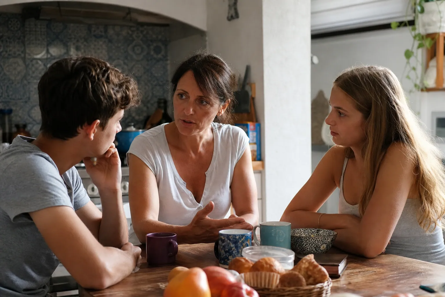 Parent français parlant calmement de la puberté avec son adolescent à la maison.