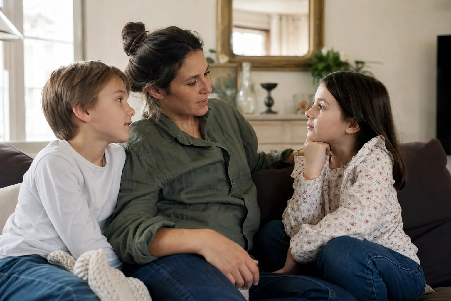 Parent parlant calmement de santé mentale avec ses enfants dans le salon