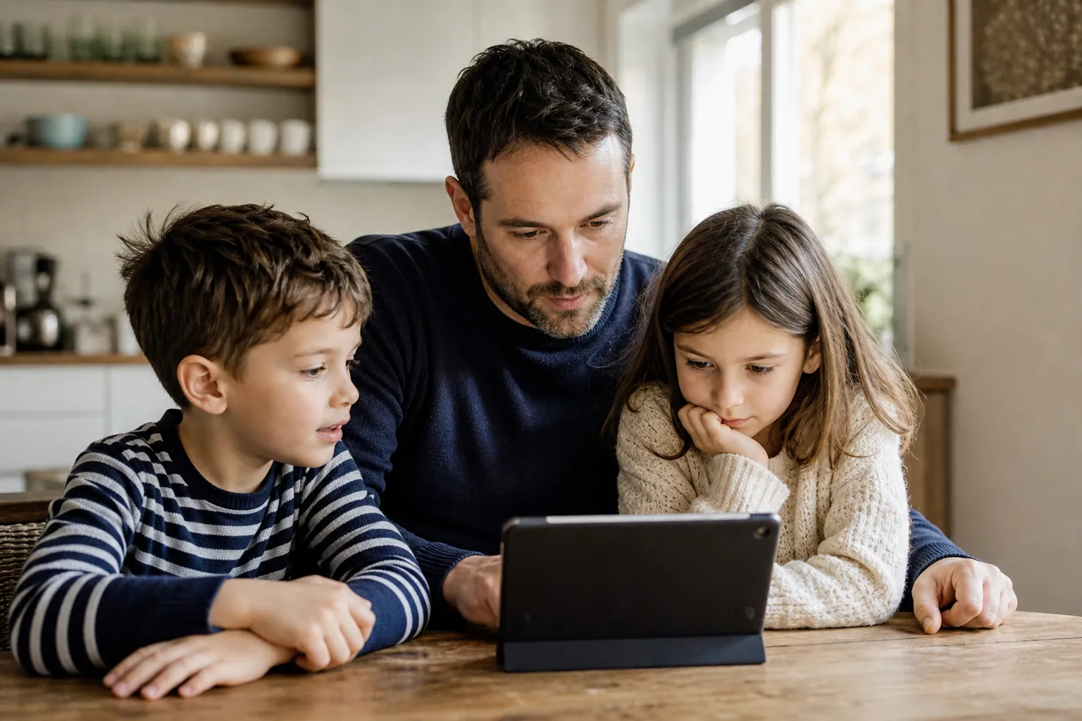 Parent français discutant avec ses enfants d’un écran et des règles de sécurité en ligne