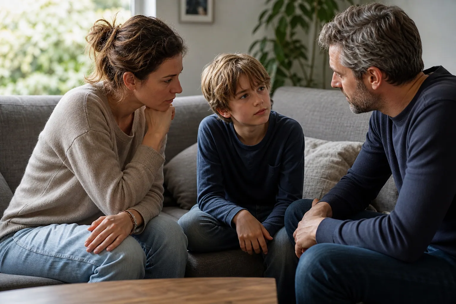 Parents parlant calmement de leur séparation avec leur enfant dans le salon