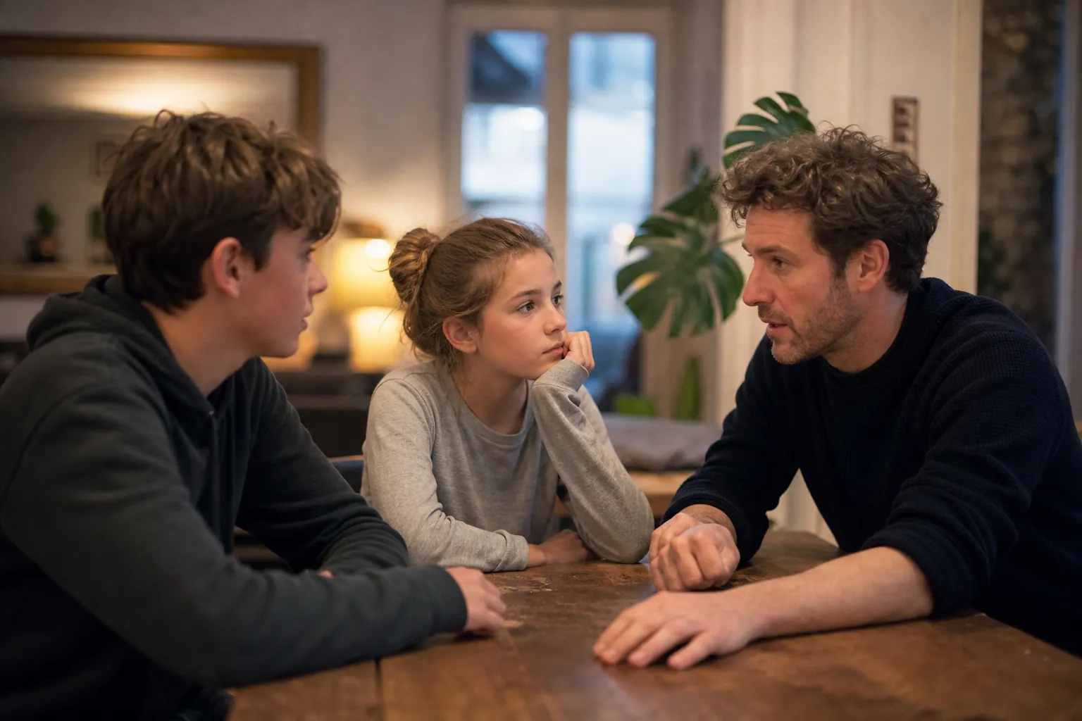 Parent français parlant de sexualité avec ses enfants dans un cadre familial rassurant