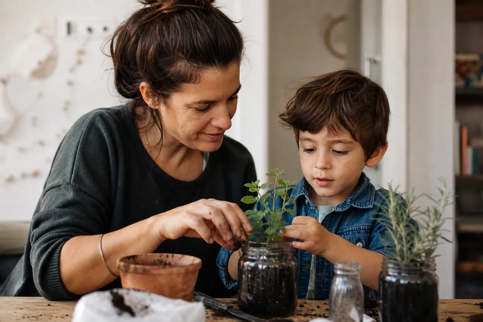 Parent et enfant plantant des herbes aromatiques à la maison, dans une ambiance chaleureuse.
