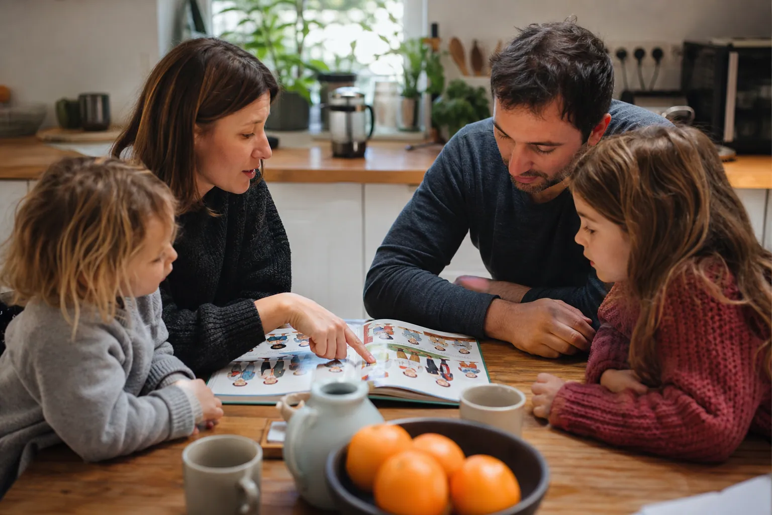 Parent parlant d’égalité avec ses deux enfants autour d’un livre