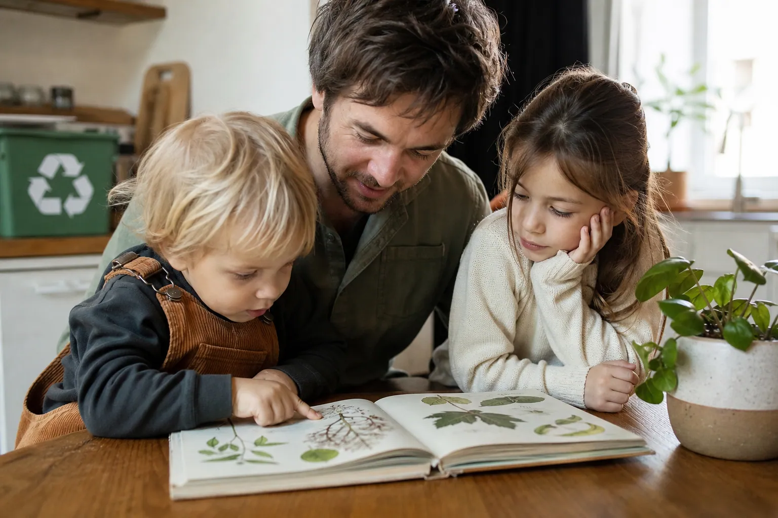 Une famille française échange autour d’un livre sur la nature à la maison.