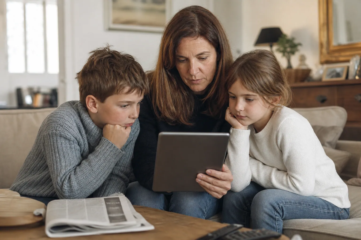 Parent et deux enfants discutant calmement de l’actualité sur le canapé