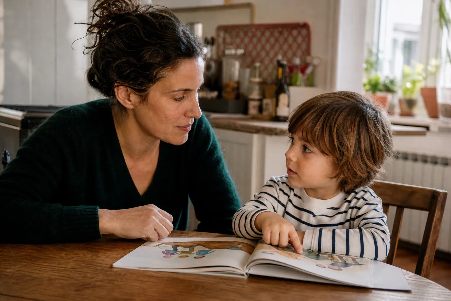Parent parlant du handicap avec son enfant autour d’un livre illustré, dans une ambiance rassurante.